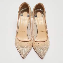 مملوكة مسبقًا Christian Louboutin Beige/Silver Mesh and Glitter Follies Strass Pumps Size 37