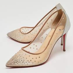 مملوكة مسبقًا Christian Louboutin Beige/Silver Mesh and Glitter Follies Strass Pumps Size 37