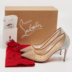 مملوكة مسبقًا Christian Louboutin Beige/Silver Mesh and Glitter Follies Strass Pumps Size 37