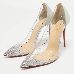 Pre Owned Christian Louboutin Metallic Silver Glitter And PVC Degrastrass Crystal Embellished Pumps Size 39