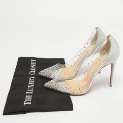 Pre Owned Christian Louboutin Metallic Silver Glitter And PVC Degrastrass Crystal Embellished Pumps Size 39