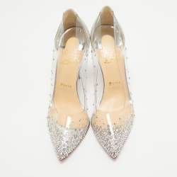Pre Owned Christian Louboutin Metallic Silver Glitter And PVC Degrastrass Crystal Embellished Pumps Size 39