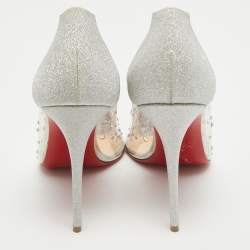 Pre Owned Christian Louboutin Metallic Silver Glitter And PVC Degrastrass Crystal Embellished Pumps Size 39