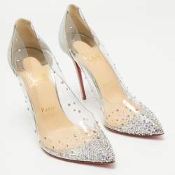 Pre Owned Christian Louboutin Metallic Silver Glitter And PVC Degrastrass Crystal Embellished Pumps Size 39