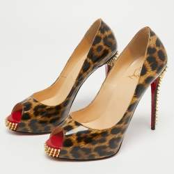 Pre Owned Christian Louboutin Black/Brown Leopard Print Patent Leather New Very Prive Spikes Pumps Size 38