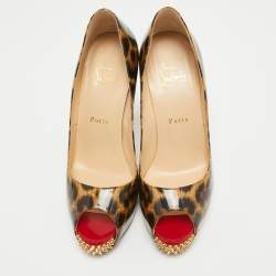 Pre Owned Christian Louboutin Black/Brown Leopard Print Patent Leather New Very Prive Spikes Pumps Size 38