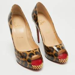 Christian Louboutin Black/Brown Leopard Print Patent Leather New Very Prive Spikes Pumps Size 38