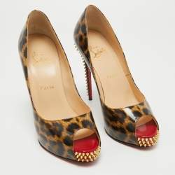 Pre Owned Christian Louboutin Black/Brown Leopard Print Patent Leather New Very Prive Spikes Pumps Size 38