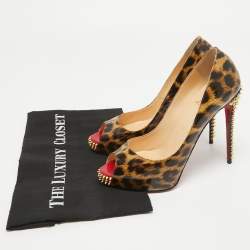 Pre Owned Christian Louboutin Black/Brown Leopard Print Patent Leather New Very Prive Spikes Pumps Size 38