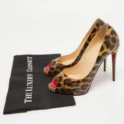 Christian Louboutin Black/Brown Leopard Print Patent Leather New Very Prive Spikes Pumps Size 38