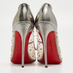 مملوكة مسبقًا Christian Louboutin Grey Leather and Mesh Follies Strass Pumps Size 38