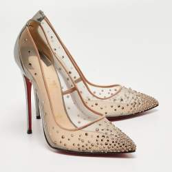 مملوكة مسبقًا Christian Louboutin Grey Leather and Mesh Follies Strass Pumps Size 38