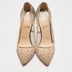 مملوكة مسبقًا Christian Louboutin Grey Leather and Mesh Follies Strass Pumps Size 38