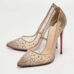 مملوكة مسبقًا Christian Louboutin Grey Leather and Mesh Follies Strass Pumps Size 38