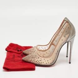 مملوكة مسبقًا Christian Louboutin Grey Leather and Mesh Follies Strass Pumps Size 38