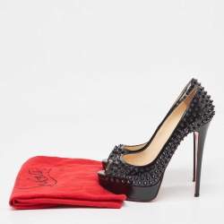 Pre Owned Christian Louboutin Black Patent Leather Lady Peep Spikes Pumps Size 39