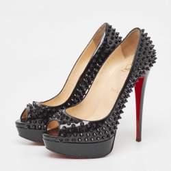 Pre Owned Christian Louboutin Black Patent Leather Lady Peep Spikes Pumps Size 39
