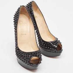 Pre Owned Christian Louboutin Black Patent Leather Lady Peep Spikes Pumps Size 39