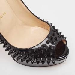 Pre Owned Christian Louboutin Black Patent Leather Lady Peep Spikes Pumps Size 39