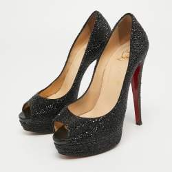 Christian Louboutin Black Crystal Embellished Lady Peep Toe Pumps Size  38.5