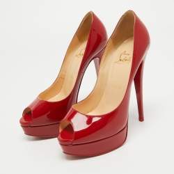 Pre Owned Christian Louboutin Red Patent Leather Lady Peep Pumps Size 38