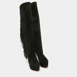 Pre Owned Christian Louboutin Black Suede Interlopa Knee Length Boots Size 37.5