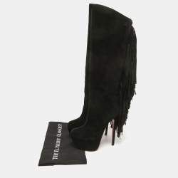 Pre Owned Christian Louboutin Black Suede Interlopa Knee Length Boots Size 37.5