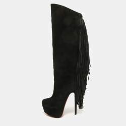 Pre Owned Christian Louboutin Black Suede Interlopa Knee Length Boots Size 37.5