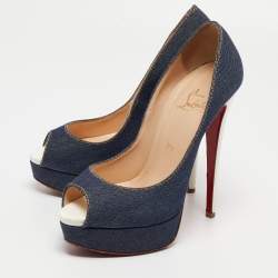 مملوكة مسبقًا Christian Louboutin Blue Denim Lady Peep Pumps Size 38.5