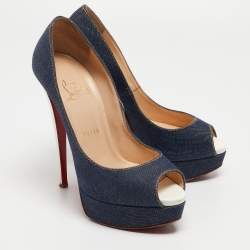 مملوكة مسبقًا Christian Louboutin Blue Denim Lady Peep Pumps Size 38.5