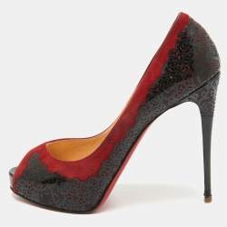 Pre Owned Christian Louboutin Red/Black Suede and Laser Cut Patent Veramucha Pumps Size 41