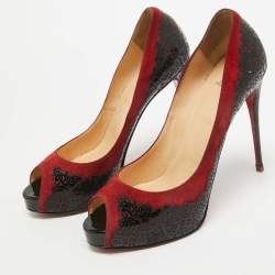 Pre Owned Christian Louboutin Red/Black Suede and Laser Cut Patent Veramucha Pumps Size 41