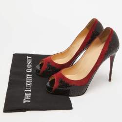 Pre Owned Christian Louboutin Red/Black Suede and Laser Cut Patent Veramucha Pumps Size 41