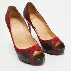 Pre Owned Christian Louboutin Red/Black Suede and Laser Cut Patent Veramucha Pumps Size 41