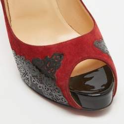 Pre Owned Christian Louboutin Red/Black Suede and Laser Cut Patent Veramucha Pumps Size 41
