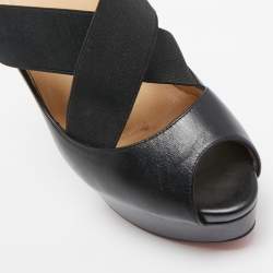 Christian Louboutin Black Leather and Elastic Cross Strap Platform Peep Toe Pumps Size 38.5