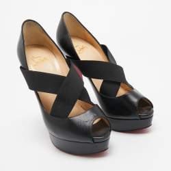 Christian Louboutin Black Leather and Elastic Cross Strap Platform Peep Toe Pumps Size 38.5