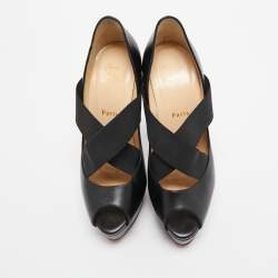 Christian Louboutin Black Leather and Elastic Cross Strap Platform Peep Toe Pumps Size 38.5