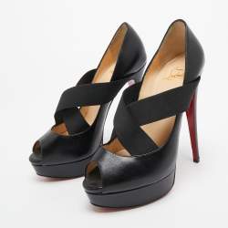 Christian Louboutin Black Leather and Elastic Cross Strap Platform Peep Toe Pumps Size 38.5