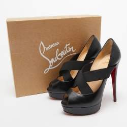 Christian Louboutin Black Leather and Elastic Cross Strap Platform Peep Toe Pumps Size 38.5
