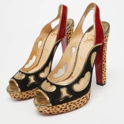 Christian Louboutin Multicolor Calf Hair and Suede Slingback Peep Toe Pumps Size 41     