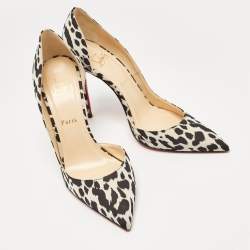 Pre Owned Christian Louboutin Black/White Leopard Print Fabric Iriza Pumps Size 41