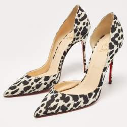 Pre Owned Christian Louboutin Black/White Leopard Print Fabric Iriza Pumps Size 41