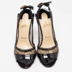 Pre Owned Christian Louboutin Black Lace and Patent Leather Hot Spring Butterfly Pumps Size 37.5