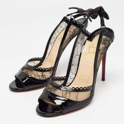 Pre Owned Christian Louboutin Black Lace and Patent Leather Hot Spring Butterfly Pumps Size 37.5