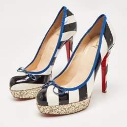 Christian Louboutin White/Black Striped Leather and Patent Foraine Pumps Size 39