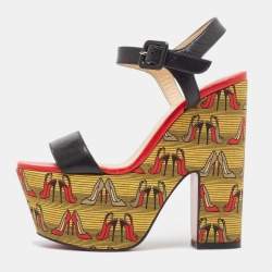 Christian Louboutin Black Leather Printed Platform Block Heel Ankle Strap Sandals Size 35