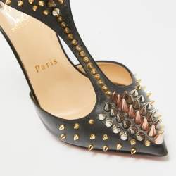 Pre Owned Christian Louboutin Black Leather Goldostrap Spike Pumps Size 37