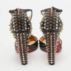 Pre Owned Christian Louboutin Black Leather Goldostrap Spike Pumps Size 37