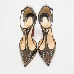 Pre Owned Christian Louboutin Black Leather Goldostrap Spike Pumps Size 37